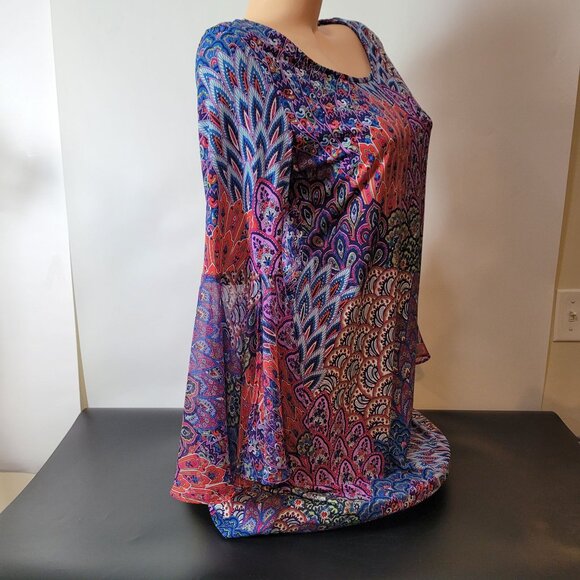 Bohemian/Retro Style Bell Sleeve Tunic Dress Multicolor Peacock Feather Print - Picture 8 of 16